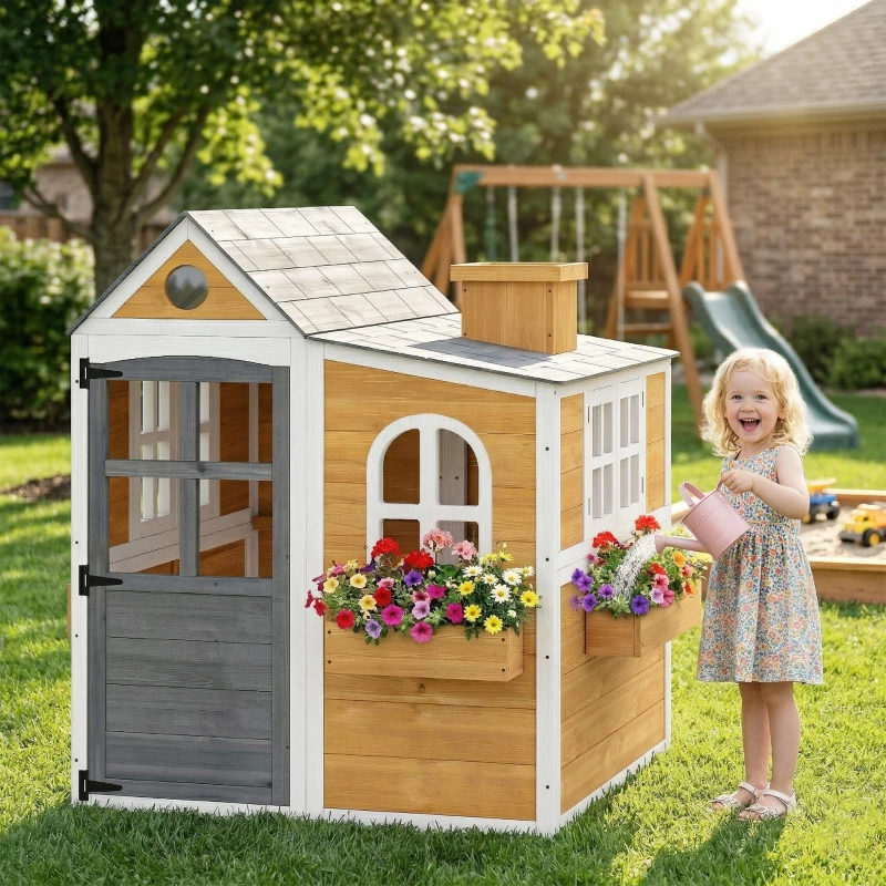 AIYAPLAY Cabane enfant extérieur en bois, maison enfant extérieure/intérieure avec porte, fenêtres, 3 bacs à fleurs, jaune