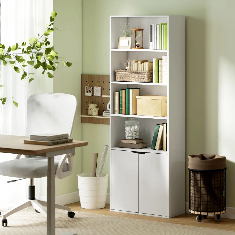 HOMCOM Bibliothèque Armoire à livres avec 4 compartiments ouverts et 2 portes pour le salon et le bureau 59x29x180 cm Blanc