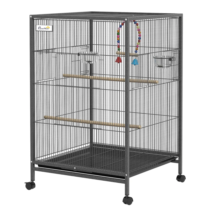 PawHut Jaula para Pájaros con Ruedas con Comederos Perchas Columpio Estante y Bandeja Extraíble 48x46x78 cm Gris