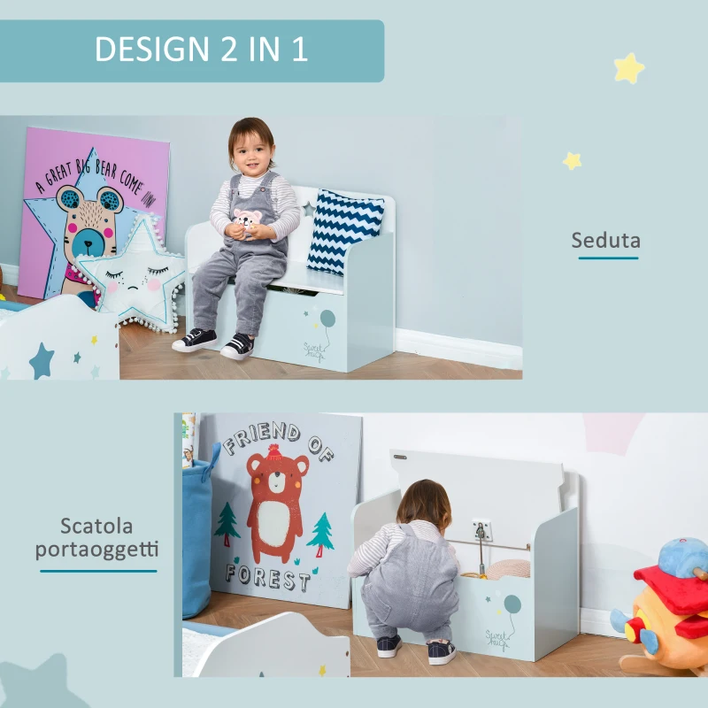 HOMCOM Panca Contenitore con Schienale in Legno per Bambini da 3-6 Anni, 60x30x50 cm, Azzurro