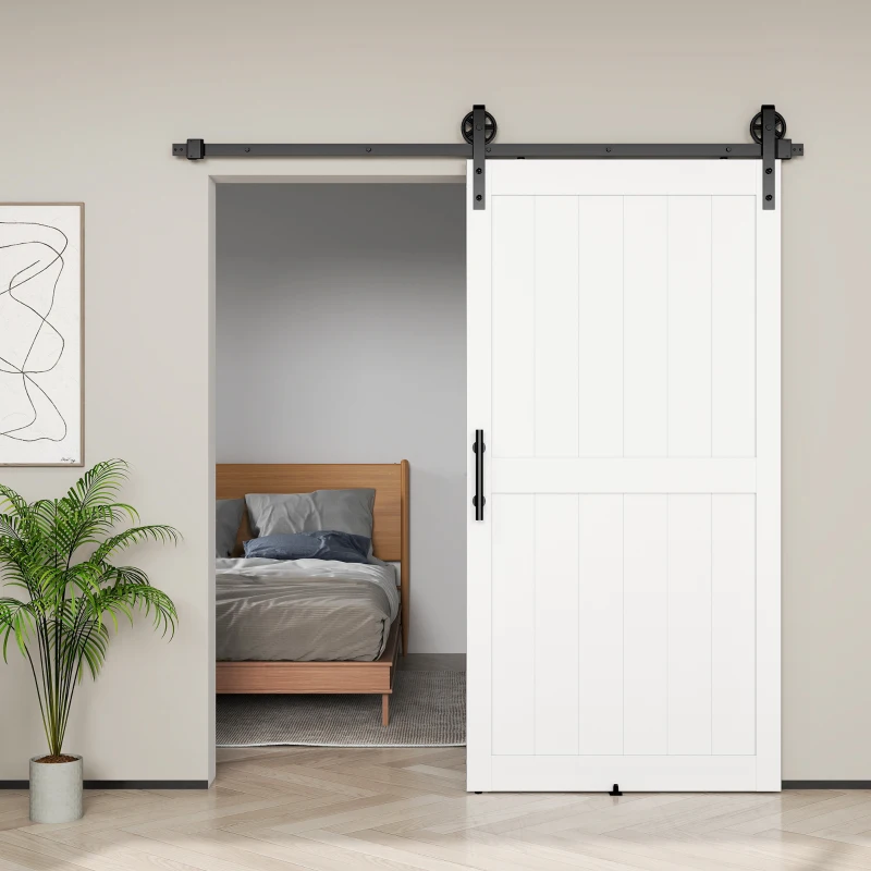 HOMCOM 213.4cm Sliding Barn Door Kit, Sliding Door with Track, Hardware, Upgraded Rollers and Floor Guide, Handle, White