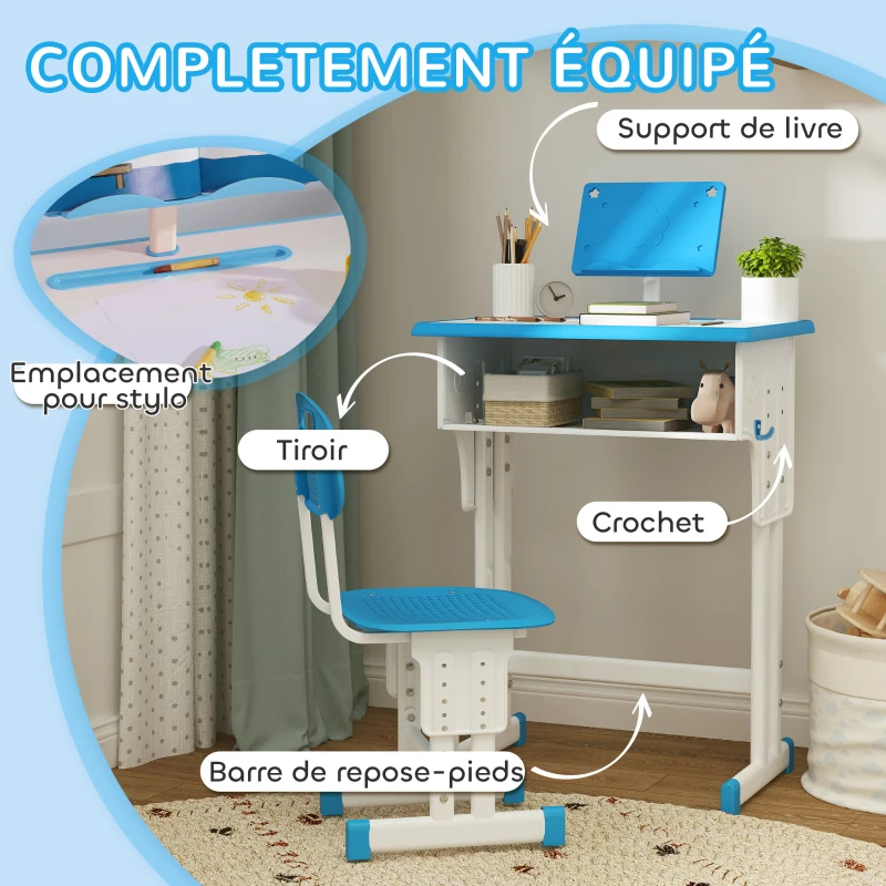 HOMCOM Bureau et chaise pour enfant avec support de lecture casier crochet et porte stylo 60 x 45x 90-102 cm bleu