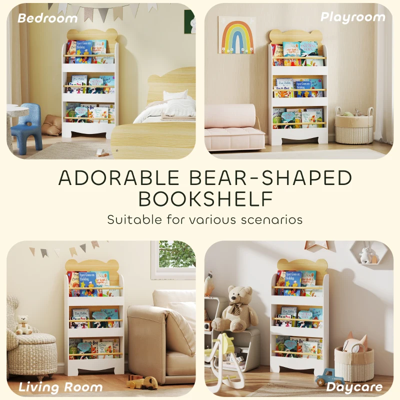 AIYAPLAY Kids Bookshelf, 3 Tier Children Bookcase, Bear Theme Toddler Space-Saving Bookcase for Living Room, White