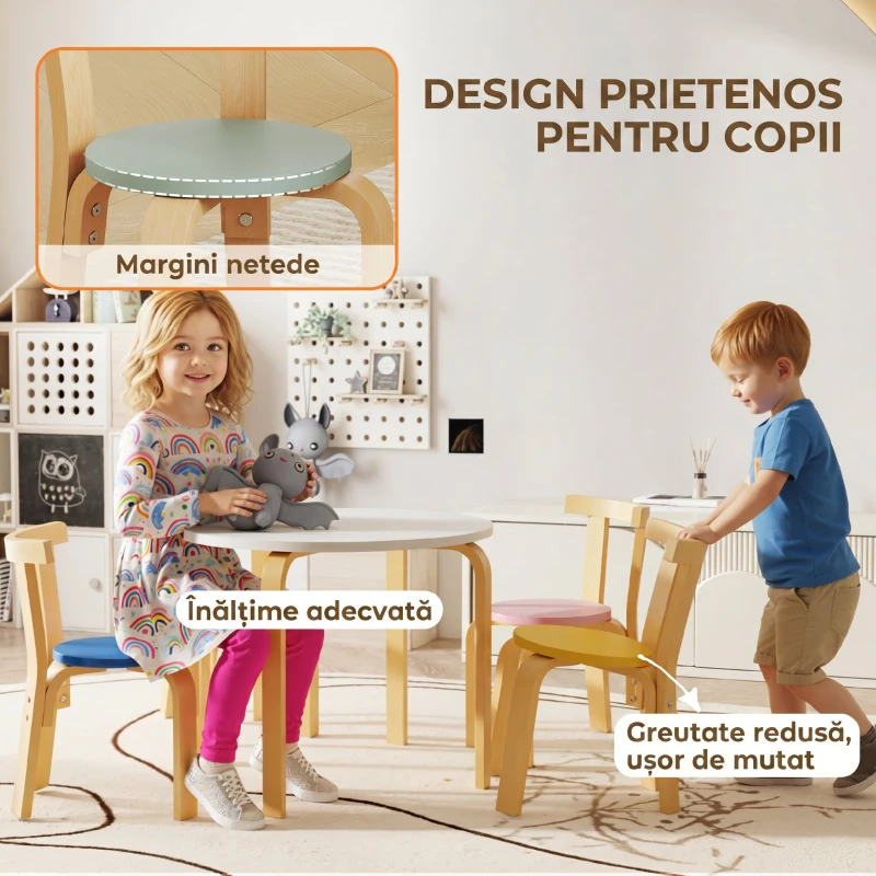 AIYAPLAY Set masă și scaune pentru copii 3-8 ani, 5 piese, cu margini rotunjite, din lemn multicolor