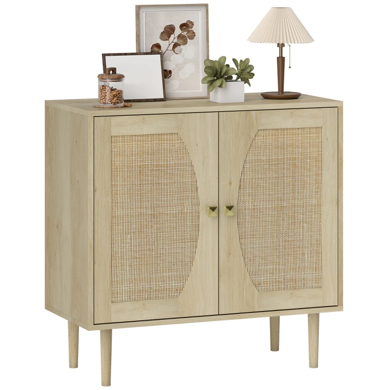 HOMCOM Buffet de cuisine meuble de rangement double portes avec 2 niveaux, façade en cannage 80 x 38 x 79 cm effet bois naturel