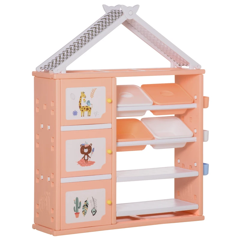 HOMCOM Armadio Cameretta, Mobile Portagiochi con 4 Contenitori, 3 Armadietti e Mensole in PE Arancione, 128x34x155cm