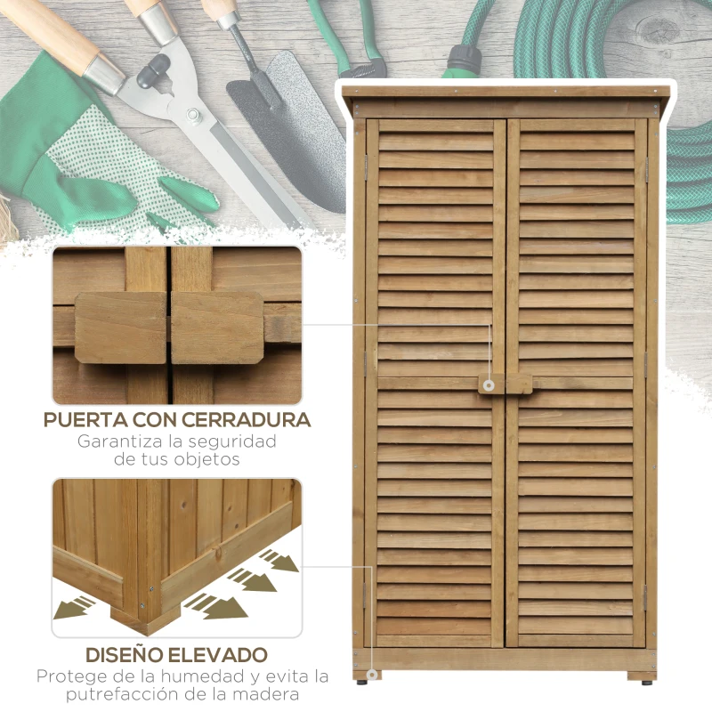 Outsunny Armario de Jardín 0,31 m² Cobertizo de Exterior con 2 Puertas y 2 Estantes Interiores 87x46,5x160 cm Madera Natural
