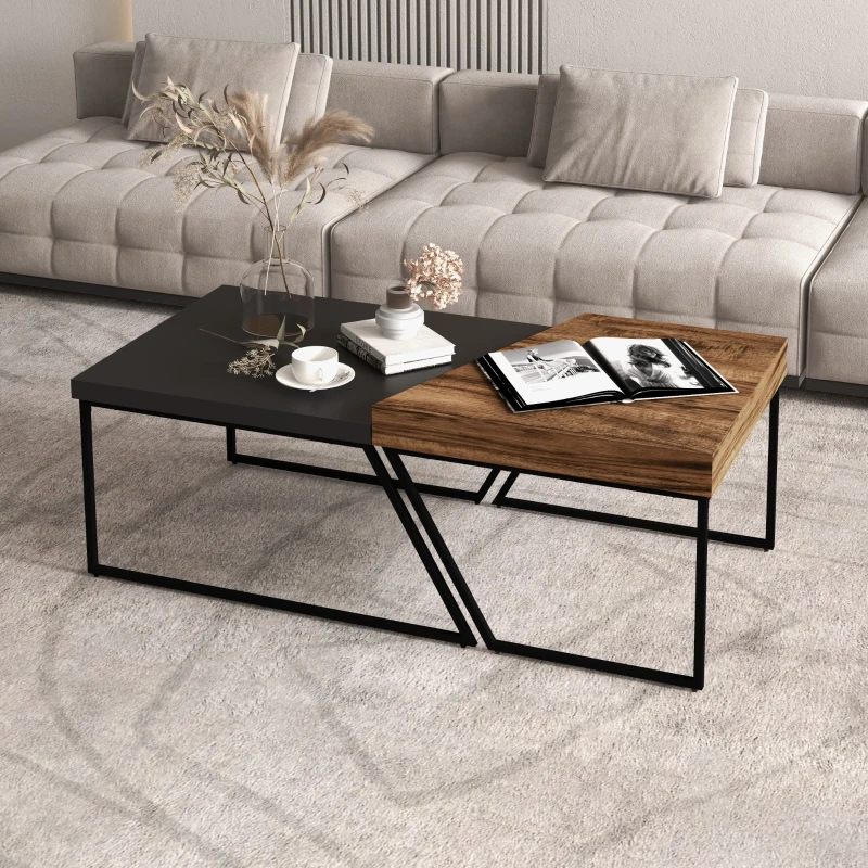 HOMCOM Lot de 2 tables basses design industriel géométrique - effet bois et acier noir