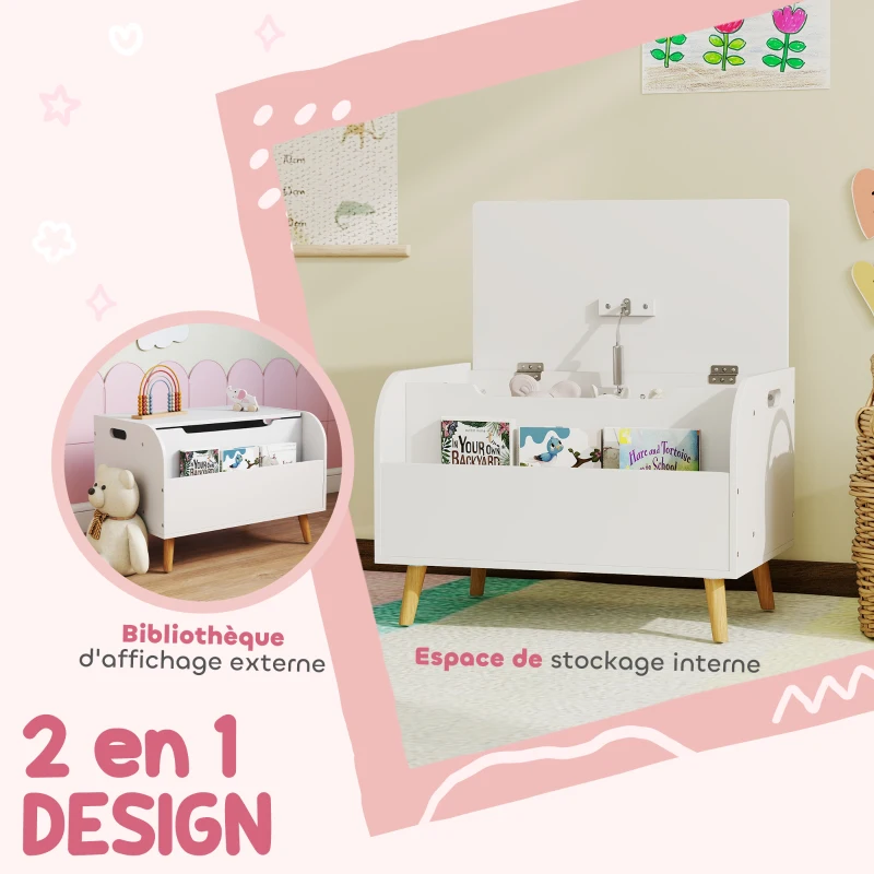 AIYAPLAY Coffre à jouet enfant, coffre de rangement enfant, couvercle rabattable et compartiment ouvert, 60x40x43cm, blanc