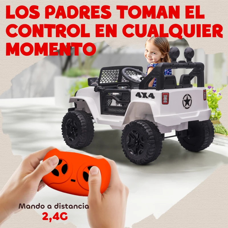 HOMCOM Coche Eléctrico para Niños de +3 Años Vehículo Todoterreno de Batería 12V con Control Remoto 100x65x72 cm Blanco