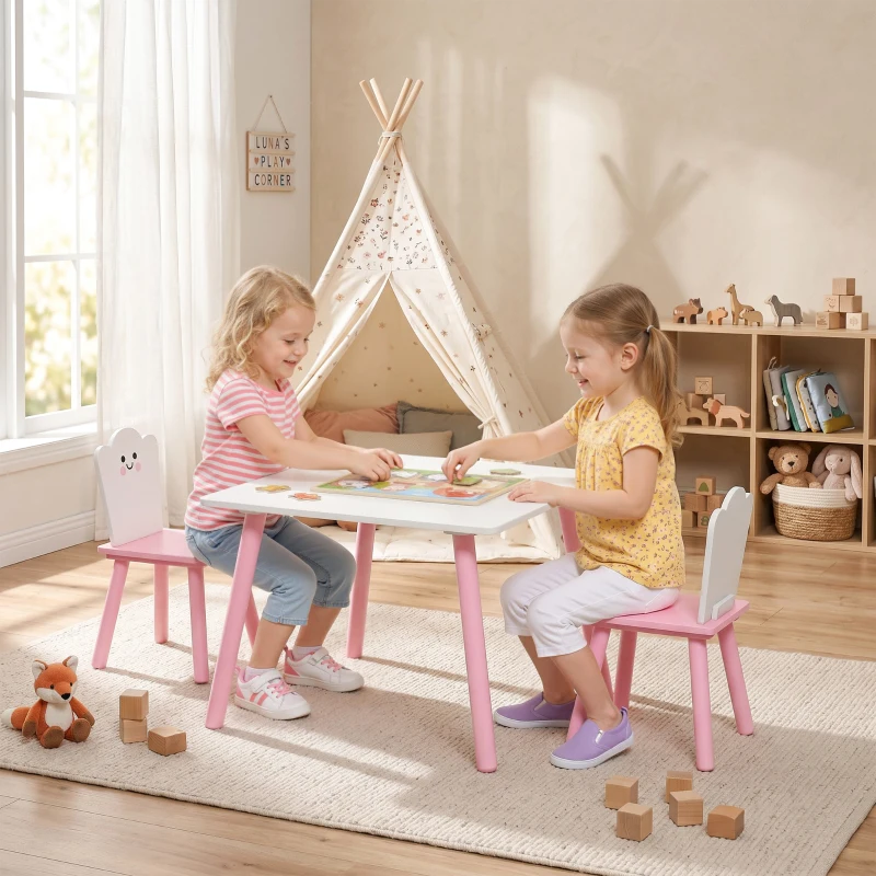 AIYAPLAY Table enfant avec chaise, ensemble table et 2 chaises en bois pour dessiner, jouer, étudier, rose