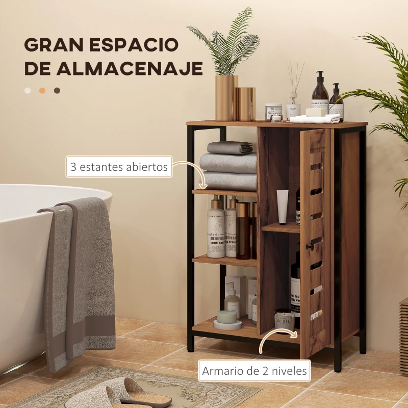 kleankin Armario de Baño Estrecho Puerta de Lamas 60x30x85 cm Marrón Rústico