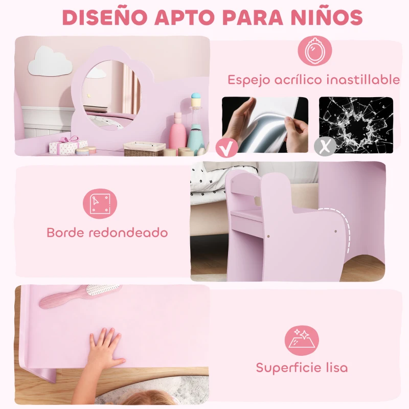AIYAPLAY Tocador Infantil con Taburete y Espejo en Forma de Flor con Estantes Abiertos para Niños y Niñas de 3-8 Años Morado