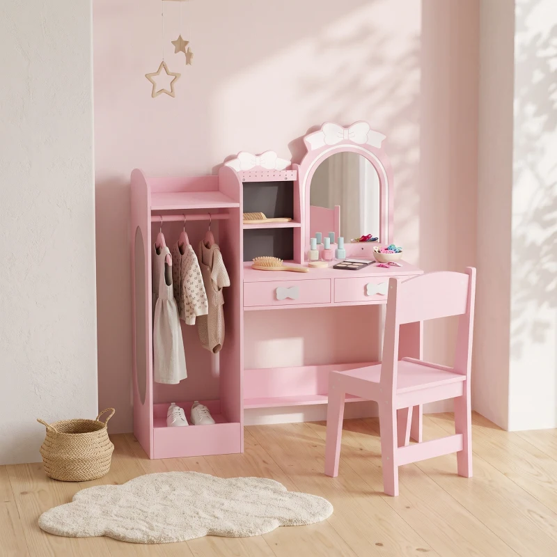 AIYAPLAY Coiffeuse pour Enfants avec Tabouret et Miroir Lumineux à 2 Couleurs en Acrylique, Coiffeuse Bureau Fille 3-8 Ans, Rose