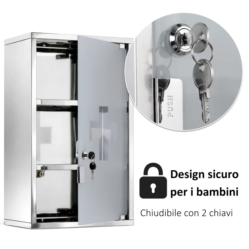 HOMCOM Armadietto medicinali 50x30x18cm Cassetta mobile bagno primo soccorso in acciaio inox con serratura