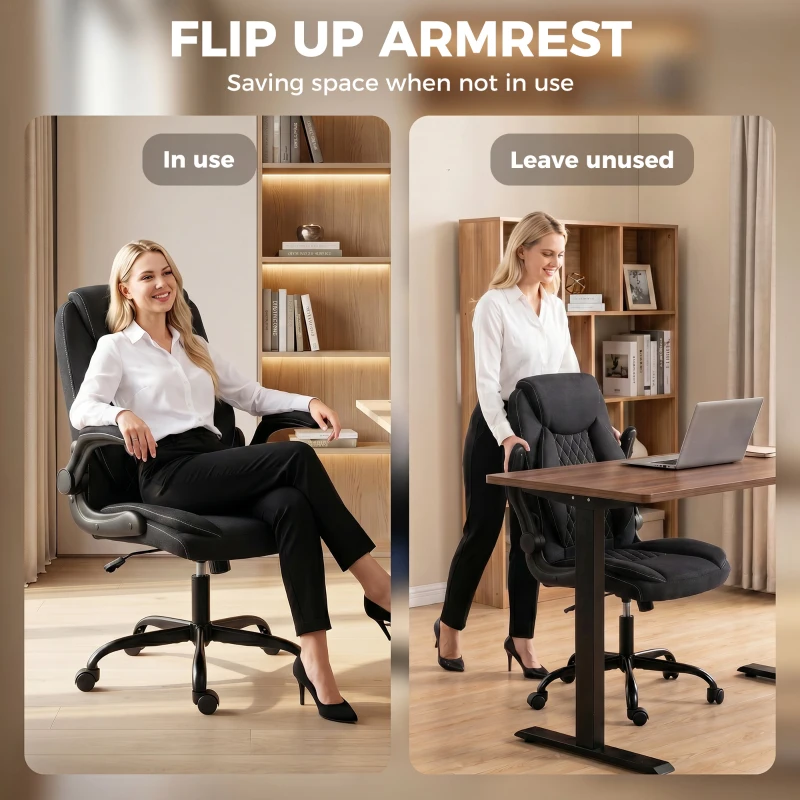HOMCOM Linen-Look Computer Desk Chair, Executive Office Chair with Flip-Up Armrests and Thick Cushion, Black