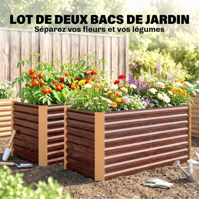 Outsunny Lot de 2 lits de jardin surélevés carrés potagers cadre en acier galvanisé fond ouvert 120 x 60 x 60 cm effet bois marron