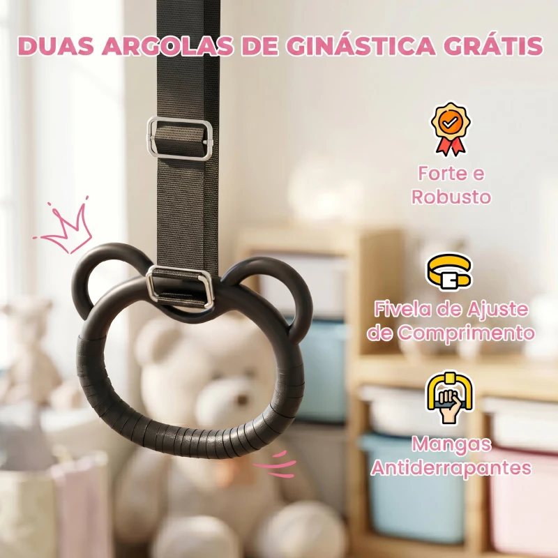 HOMCOM Barra de Ginástica para Crianças com Altura Ajustável em 5 Níveis Anéis e Dobrável 148x105x88-128 cm Rosa