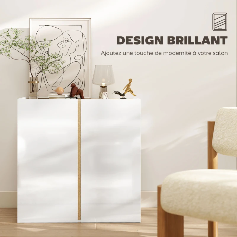 HOMCOM Buffet à haute brillance, meuble de rangement avec 2 portes à fermeture amortie et étagère réglable, 80x40x80cm, blanc
