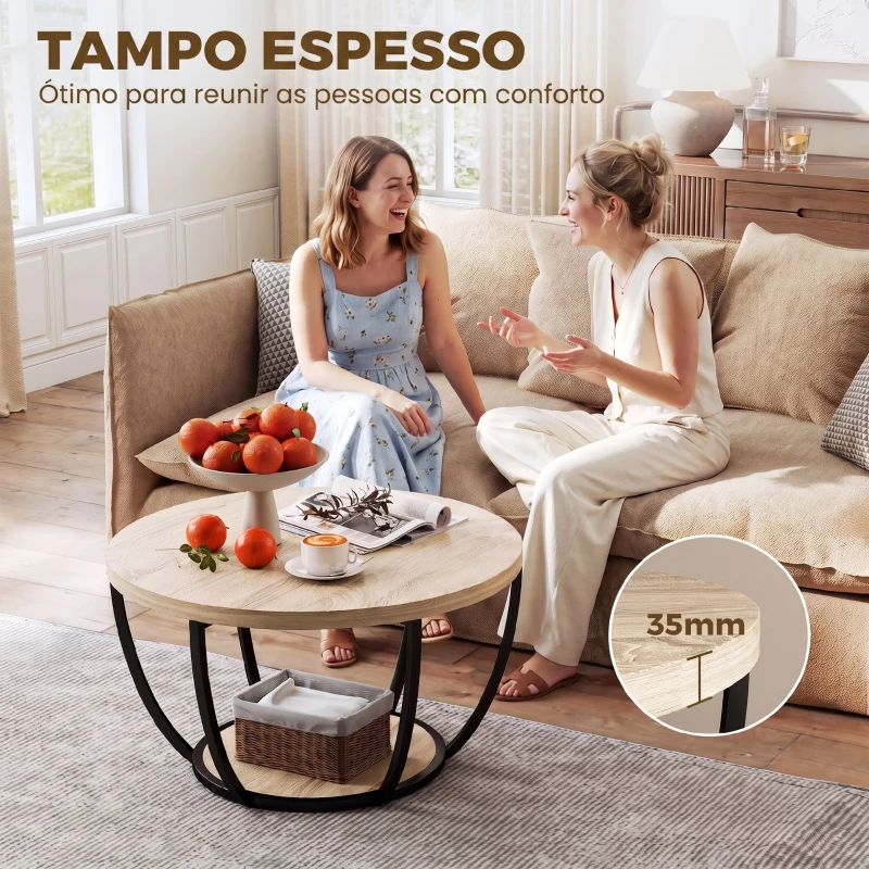 HOMCOM Mesa de Centro Redonda para Sala com Prateleira e Estrutura Metálica 80x80x43,8 cm Carvalho