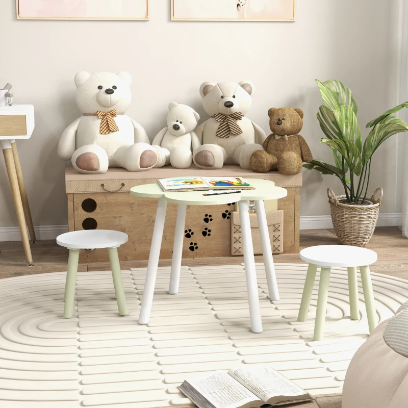 ZONEKIZ Conjunto de Mesa e 2 Cadeira para Crianças de 2-5 Anos Mesa Ø59x50 cm e Cadeiras Ø28x26 cm Verde Pastel e Branco