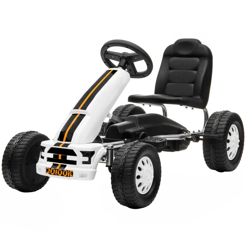 AIYAPLAY Kart a Pedais para Crianças +3 Anos com Assento Ajustável, Volante, Travão de Mão, Estrutura em Alumínio e Aço, 30 kg, Branco