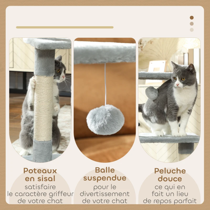 PawHut Arbre à chat tour de jeux pour chats poteaux en sisal, 2 plate-forme, niche, balle, tissu peluche, 50x30x81,5cm, gris