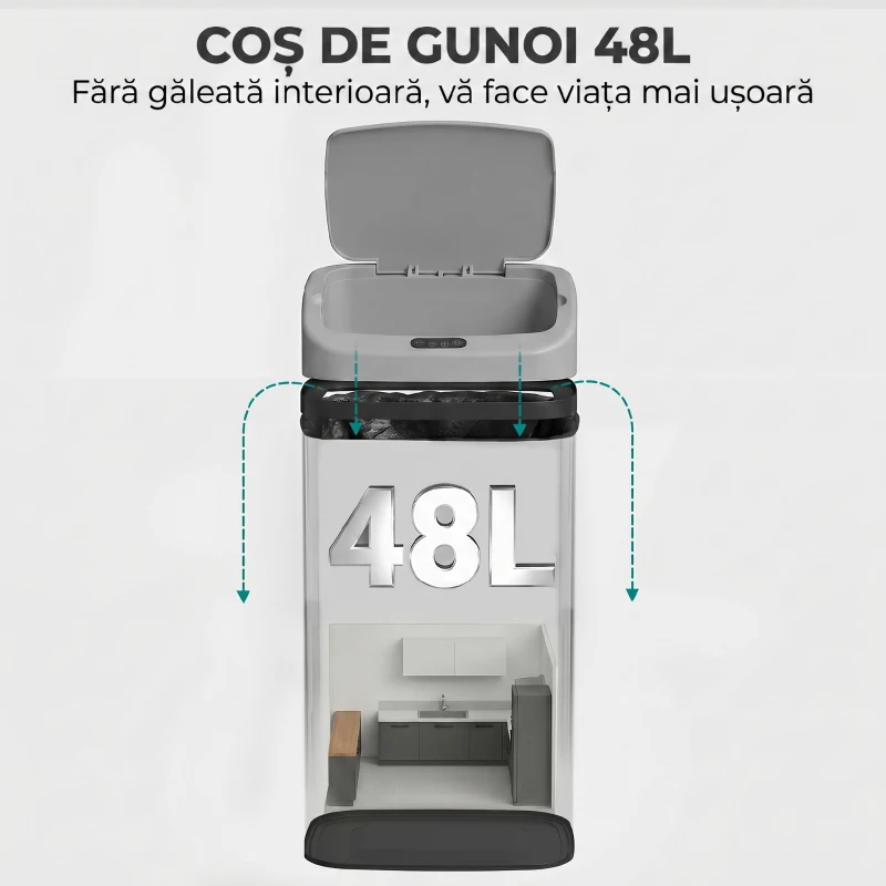 HOMCOM Coș de gunoi cu senzor 48L, închidere lentă, suprafață antiamprentă, din inox, argintiu