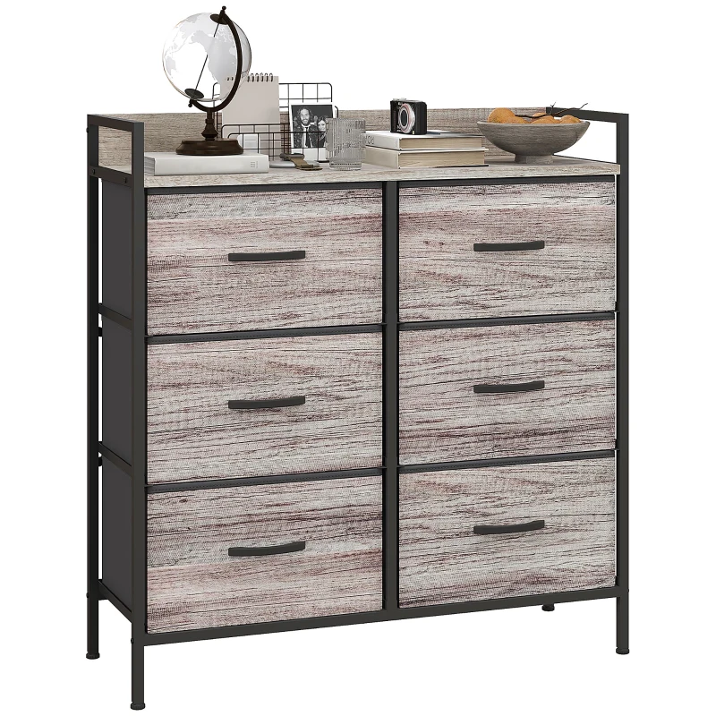 HOMCOM Commode, meuble de rangement pour chambre à 6 tiroirs tissu non tissé, cadre en acier, 79 x 29 x 85 cm, effet bois gris
