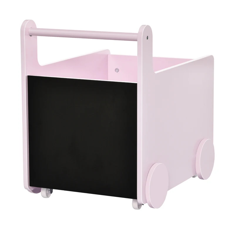 HOMCOM Caja de Almacenamiento de Juguetes Infantil con Ruedas Asa y 2 Pizarras de Escritura Baúl de Almacenaje para Habitación de Niños Guardería Sala de Juegos 47x35x45,5 cm Rosa