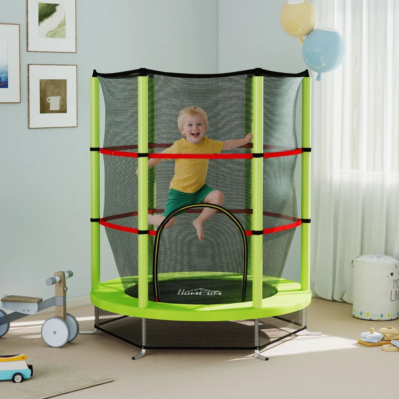 HOMCOM Tappeto Elastico per Bambini 3-6 Anni con Rete di Protezione, 6 Colonne e 3 Ingressi, Ø140x190 cm, Verde e Nero