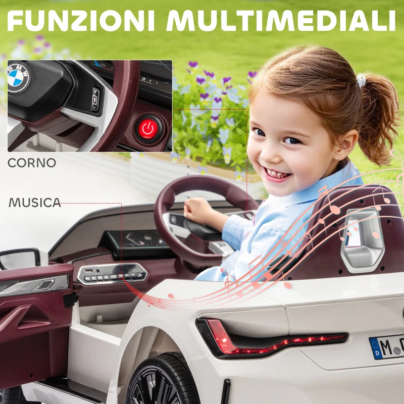 HOMCOM Macchina Elettrica per Bambini 3-6 Anni con Licenza BMW con Telecomando, Clacson e Fari, 115x67x45 cm, Bianca