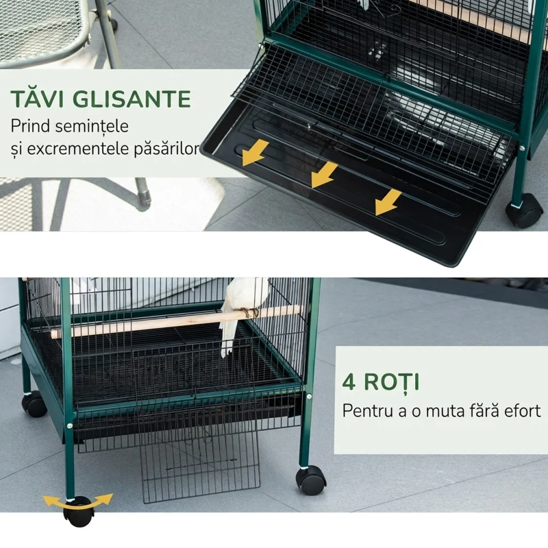 PawHut Colivie volieră de interior pentru păsări, cu roți și tăvi detașabile, 51,5x50x140 cm, verde închis