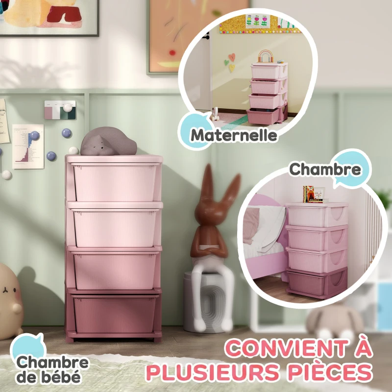 HOMCOM Organisateur de jouets pour enfants avec 4 tiroirs à 4 niveaux, boîtes de rangement en plastique, 37 x 37 x 76 cm, rose