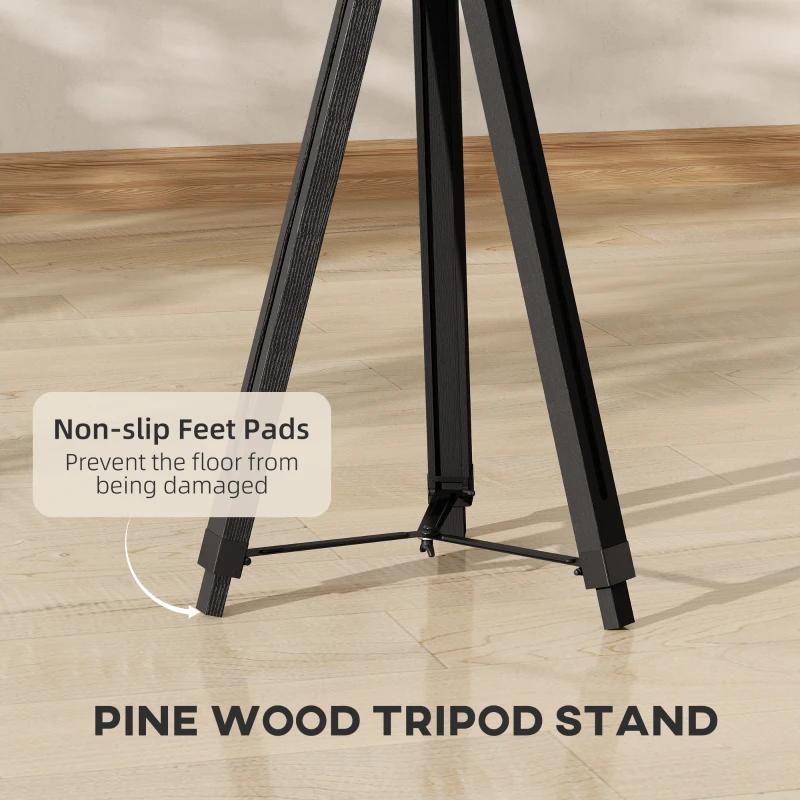 HOMCOM Industrial Tripod Floor Lamp, Nautical Searchlight with Adjustable Height, Wood Legs, E14 Lamp Base for Living Room, Bedroom, Black