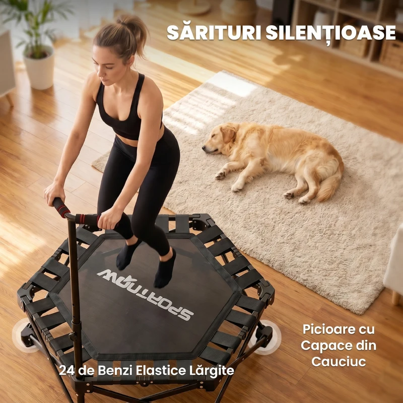SPORTNOW Trambulină Fitness pentru Adulți Ø104 cm, Pliabilă, cu Sistem de Deschidere și Închidere dintr-o Singură Mișcare, Mâner Reglabil și 24 Corzi Elastice, Negru