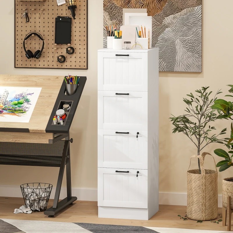 HOMCOM Caisson bureau, meuble rangement bois 4 tiroirs et serrure, barres de suspension réglables, 40 x 40 x 131 cm, blanc