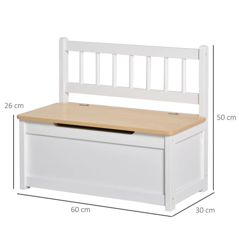 HOMCOM Cassapanca per Bambini 2-5 Anni, 2 in 1 Panca Contenitore in Legno con Schienale e Pistone per Chiusura Sicura, Capacità 40 kg, 60x30x50cm, Bianco e Color Legno