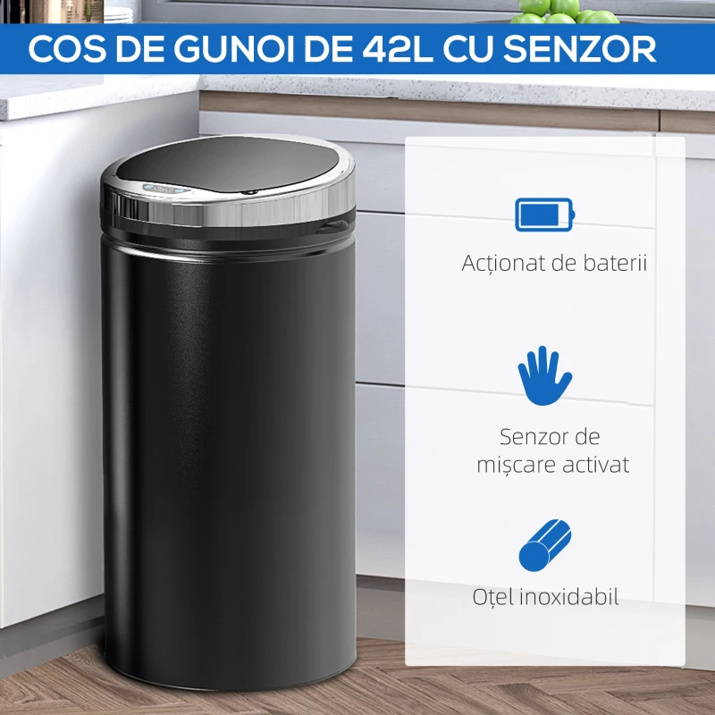 HOMCOM Coș de Gunoi Automat de 42L cu Senzor cu Infraroșu din Oțel și Plastic, 30.5x30.5x68 cm