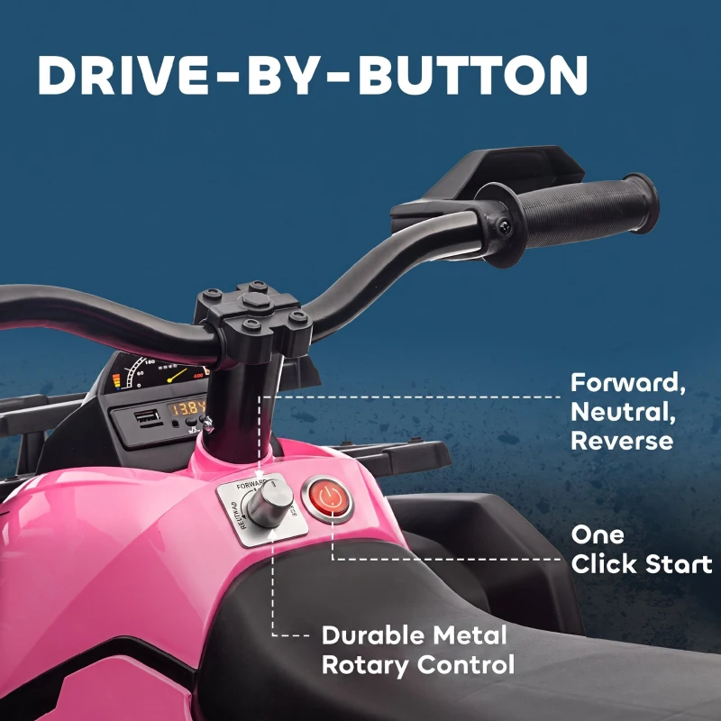 HOMCOM Quad Elétrico Infantil 12V com 2 Motores, 3-8 km/h, Música, Faróis LED e USB, Rosa