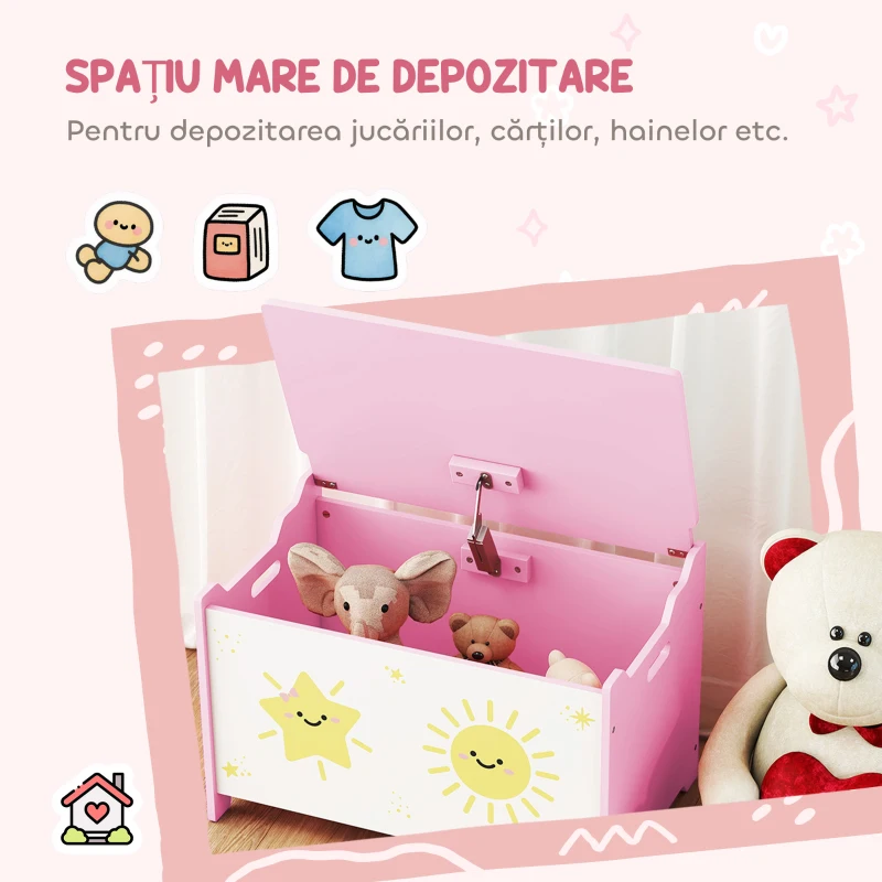 AIYAPLAY Lada pentru jucării cu capac pentru copii, ideală pentru jucării și haine, 60x37x39 cm, roz