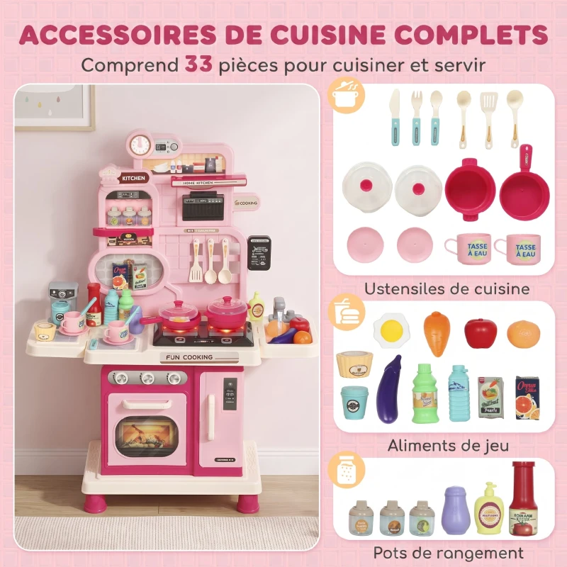 AIYAPLAY Cuisine pour Enfants Interactive, 33 Accessoires, avec Sons, Lumières, Rangement, 3-6 Ans, 67x25x87cm, Rose