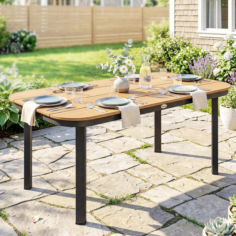 Outsunny Gartentisch, Esstisch für 6 Personen, Balkontisch mit Metallrahmen, WPC Lamellentischplatte, 155 x 88 x 72 cm, Braun