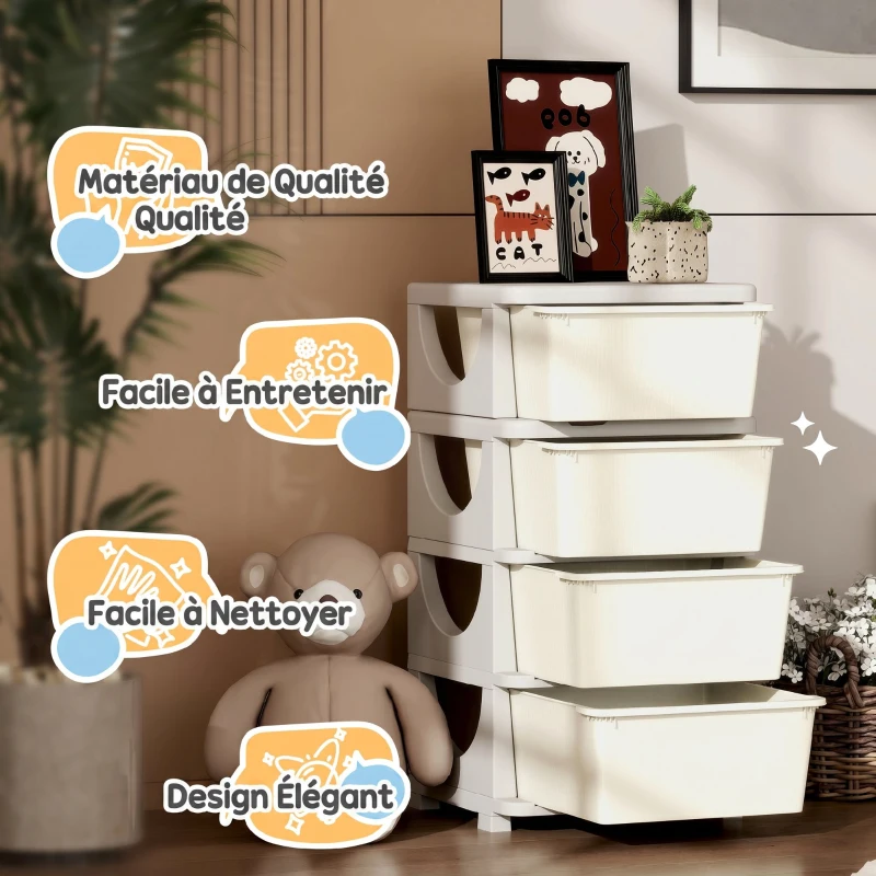 HOMCOM Organisateur de jouets pour enfants avec 4 tiroirs à 4 niveaux, boîtes de rangement en plastique, 37 x 37 x 76 cm, crème