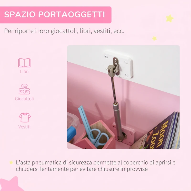 HOMCOM Cassapanca per Bambini 2-5 Anni in Legno con Pistone per Chiusura Sicura, Capacità 40 kg, Rosa e Bianco