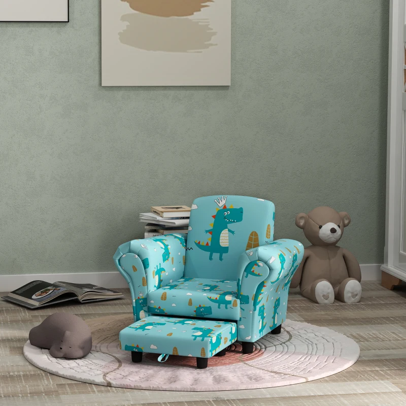 AIYAPLAY 2 Piece Kids Sofa Set with Dinosaur Design, Wooden Frame, for 1.5-3 Years Old, Blue