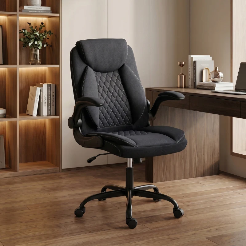 HOMCOM Linen-Look Computer Desk Chair, Executive Office Chair with Flip-Up Armrests and Thick Cushion, Black