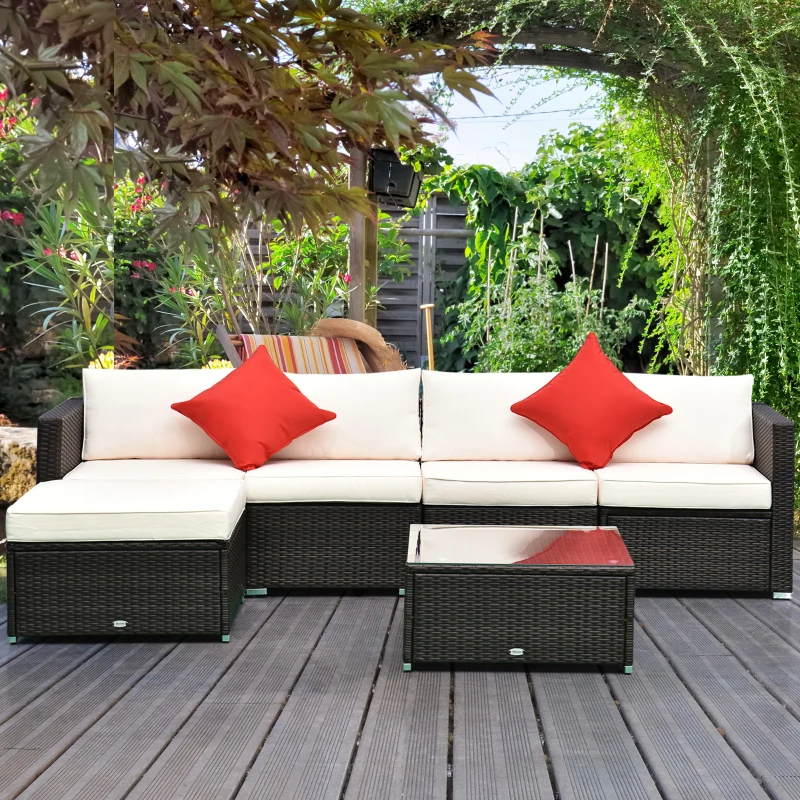 Outsunny Set Mobili da Giardino in Rattan PE 4 Poltrone 1 Pouf 1 Tavolino in Vetro Temperato 2 Cuscini