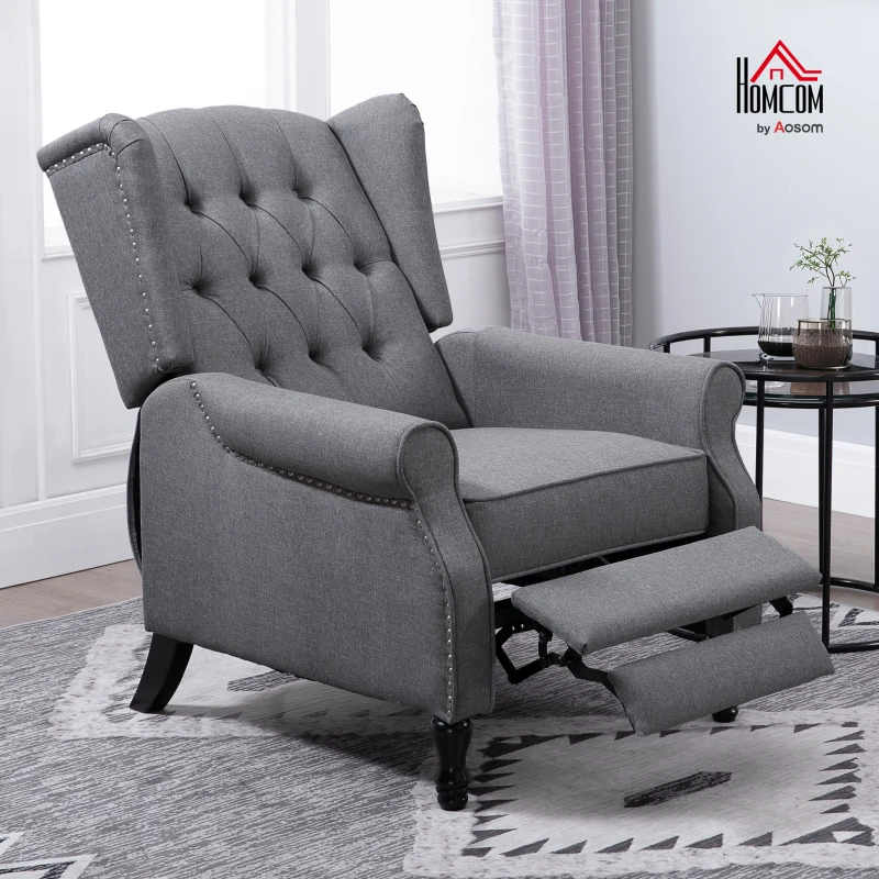 HOMCOM Recliner Armchair, Vintage Reclining Chair with Nail Head Trim, Wingback Chair with Button Tufted Back and Footrest, for Living Room, Light Grey