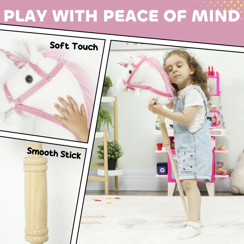AIYAPLAY Unicorn Stick Horse with Wood Wheels, Real Pony Neighing and Galloping Sounds, Grip Handle, 95 cm, White